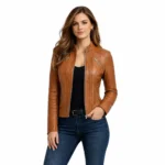 Women's tan cognac leather jacket with ribbed panel details, stand collar, front zipper closure, and chest pockets - front view
