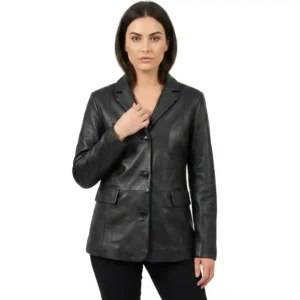 Woman wearing black leather tailored blazer with button closure, structured fit, and classic lapel front view of Atelier Noir Signature Blazer