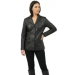 Woman wearing black leather tailored blazer with button closure, structured fit, and classic lapel front view of Atelier Noir Signature Blazer