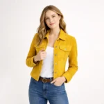Front profile of mustard yellow suede trucker jacket showing cropped length, structured shoulders, and classic western-inspired silhouette