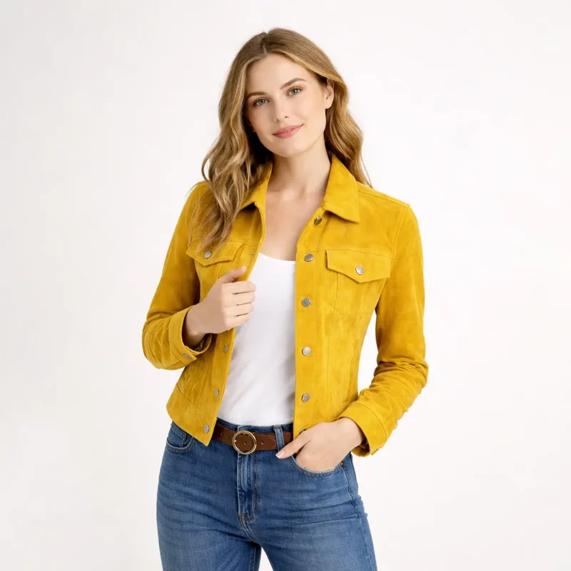 Mustard Suede Jacket Front Profile | Women's Yellow Trucker Jacket Detail Front profile of mustard yellow suede trucker jacket showing cropped length, structured shoulders, and classic western-inspired silhouette