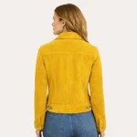 Woman wearing mustard yellow suede trucker jacket, demonstrating comfortable fit and soft suede texture