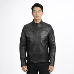 Front view of men's black leather motorcycle jacket with stand collar, snap button closure, central zipper, horizontal chest zip pockets, and diagonal waist pockets