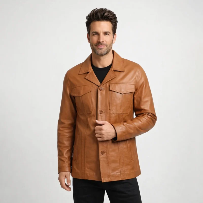 Man wearing tan cognac brown leather jacket with notch collar, button-front closure, dual chest flap pockets, lower patch pockets, and black shirt on light gray background - Aurelius Heritage Leather