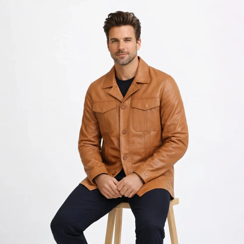 Man seated wearing tan cognac leather jacket with black pants and black shirt, demonstrating comfort, flexibility, and maintained shape while sitting - Aurelius Heritage Leather Blazer