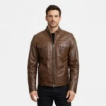 Front view of men's brown leather bomber jacket with stand collar, central zipper, dual flap chest pockets with snap buttons, and sleeve zipper cuffs