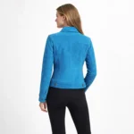 Back view of turquoise blue suede leather jacket showing tailored seams princess lines and fitted construction