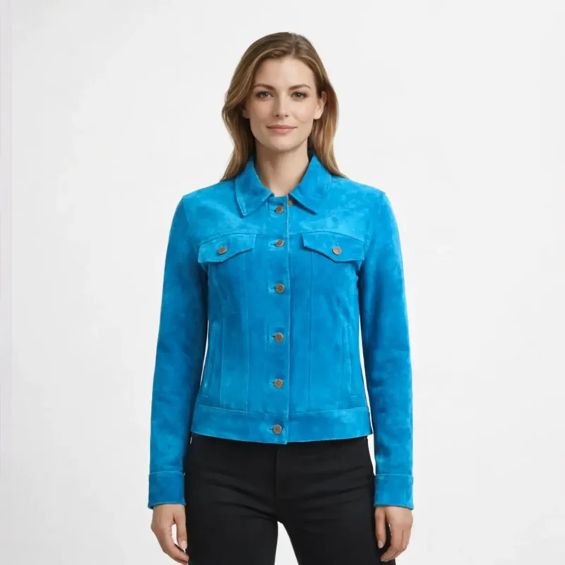 Woman wearing bright turquoise blue suede jacket with button front closure and chest pockets against white background