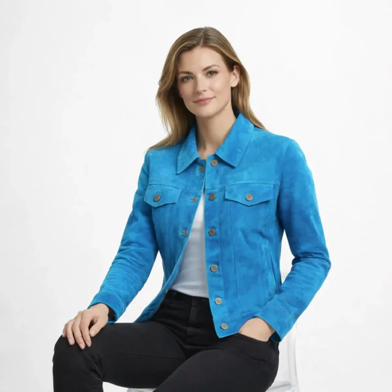 Seated profile of woman in turquoise blue suede jacket showing cropped length and tailored fitted silhouette