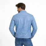 Black profile of light blue leather jacket showing raglan sleeves, fitted waist, band collar, and streamlined cafe racer silhouette