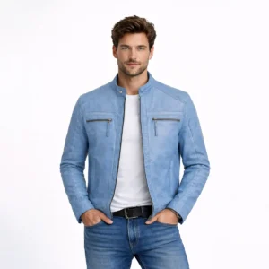 Men's light blue leather cafe racer jacket with band collar, chest zipper pockets, and front zipper closure - front view