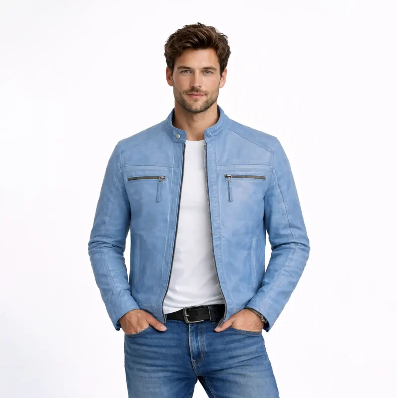Men's light blue leather cafe racer jacket with band collar, chest zipper pockets, and front zipper closure - front view