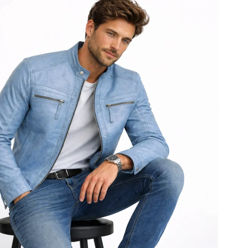 Man wearing light blue leather cafe racer jacket while seated, demonstrating comfortable fit and flexible leather construction