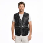 Men's black leather utility vest with V-neckline, front zipper closure, six cargo pockets with flaps and zippers, and sleeveless design - front view of Blackforge Sentinel Leather Riding Vest