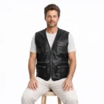 Man wearing black leather multi-pocket vest layered over white t-shirt and cream pants for casual utilitarian look - Blackforge Sentinel Leather Riding Vest