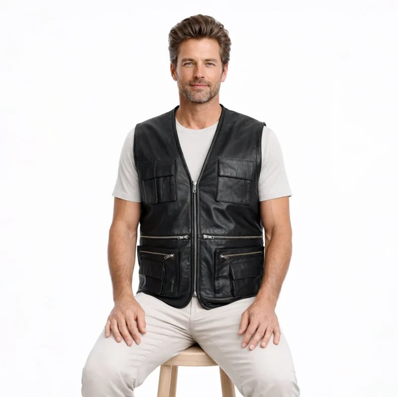 Man wearing black leather multi-pocket vest layered over white t-shirt and cream pants for casual utilitarian look - Blackforge Sentinel Leather Riding Vest