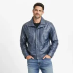 Men's navy blue distressed leather bomber jacket with stand collar, multiple zipper pockets, and front zipper closure - front view