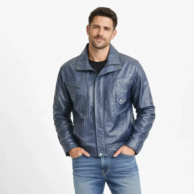 Men's navy blue distressed leather bomber jacket with stand collar, multiple zipper pockets, and front zipper closure - front view