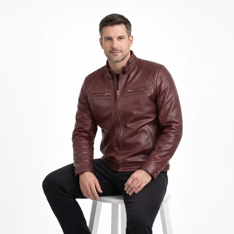 Man seated wearing burgundy leather cafe racer jacket showing comfortable raglan sleeve movement, natural leather draping, pocket accessibility, and unrestricted fit while sitting