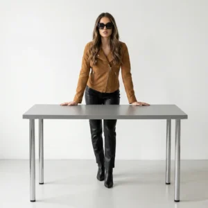 Woman wearing camel suede leather biker jacket in slim fit moto style, front view with asymmetrical zipper and zip pockets