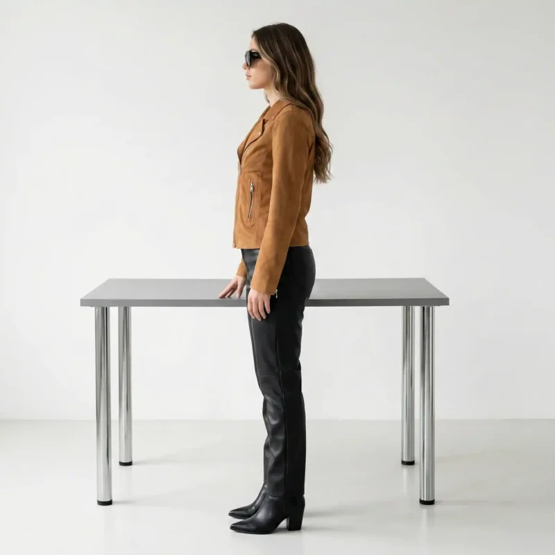 Side view of women’s camel suede leather biker jacket showing fitted waist and moto-style cut