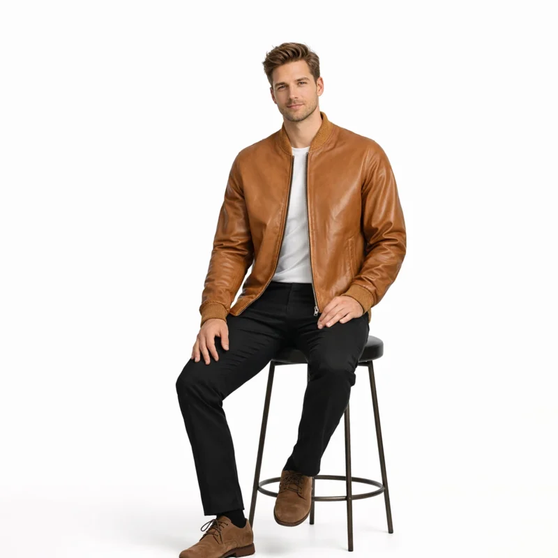 Man seated wearing tan cognac leather bomber jacket showing comfortable relaxed fit, accessible slash pockets, natural leather movement, ribbed elements flexibility, and warm caramel finish while sitting