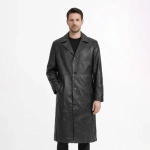 Front view of men's black leather trench coat with notched lapels, button-front closure, horizontal seam at waist, slash hand pockets, knee-length cut