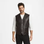 Men's dark brown leather vest with V-neckline, four snap button closure, and patch pockets at waist - front view of Classic Snap Biker Waistcoat