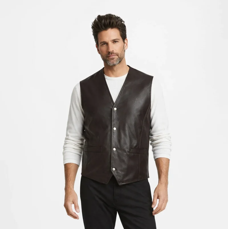 Men's dark brown leather vest with V-neckline, four snap button closure, and patch pockets at waist - front view of Classic Snap Biker Waistcoat