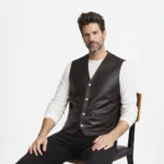 Side profile of dark brown leather vest showing V-neck, snap buttons, fitted silhouette, and classic waistcoat cut - Classic Snap Biker Waistcoat