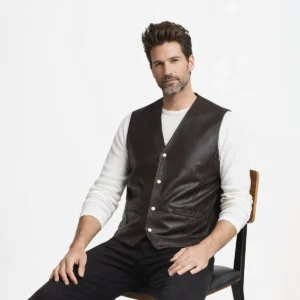 Side profile of dark brown leather vest showing V-neck, snap buttons, fitted silhouette, and classic waistcoat cut - Classic Snap Biker Waistcoat