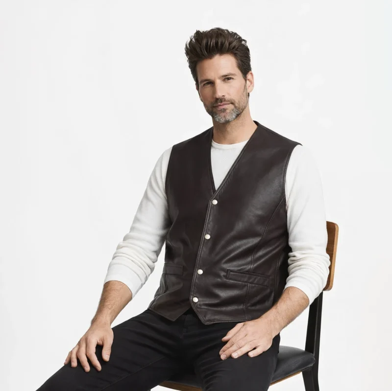 Classic Snap Biker Waistcoat - Brown Leather Vest Side Profile | Men's Classic Waistcoat Detail View Side profile of dark brown leather vest showing V-neck, snap buttons, fitted silhouette, and classic waistcoat cut - Classic Snap Biker Waistcoat