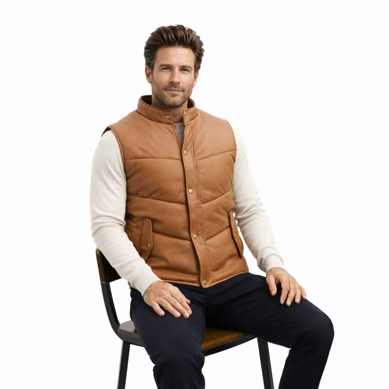 Side profile of tan cognac leather puffer vest showing quilted panels, stand collar, relaxed fit, and insulated construction