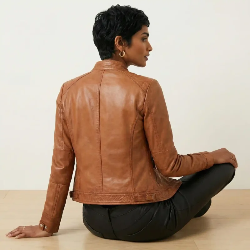 Cognac Racer Quilted Jacket - Cognac brown leather racer jacket back view showing quilted shoulders and seam construction