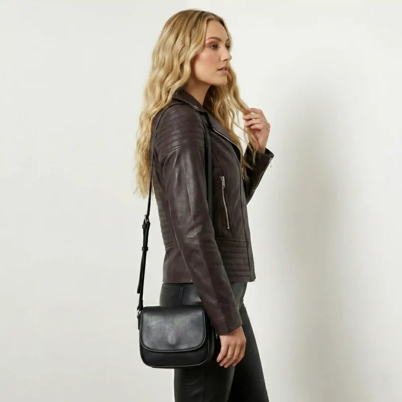 Side view of women’s genuine leather jacket showing slim fit and zip details