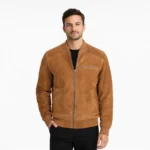 Front view of men's tan camel suede bomber jacket with ribbed knit collar, central zipper, horizontal chest zip pocket, diagonal slash hand pockets, ribbed cuffs and hem, and soft nubuck finish