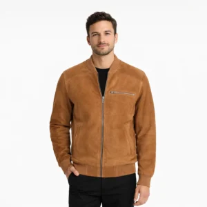 Front view of men's tan camel suede bomber jacket with ribbed knit collar, central zipper, horizontal chest zip pocket, diagonal slash hand pockets, ribbed cuffs and hem, and soft nubuck finish
