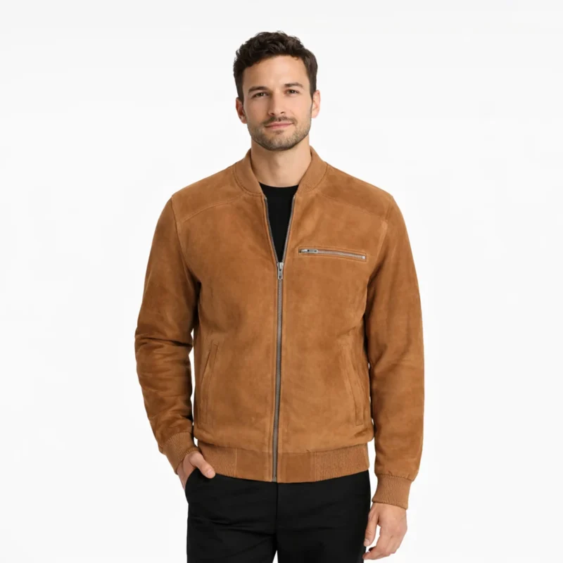 Men's Tan Suede Bomber Jacket with Ribbed Collar - Classic Baseball Style Front View Front view of men's tan camel suede bomber jacket with ribbed knit collar, central zipper, horizontal chest zip pocket, diagonal slash hand pockets, ribbed cuffs and hem, and soft nubuck finish