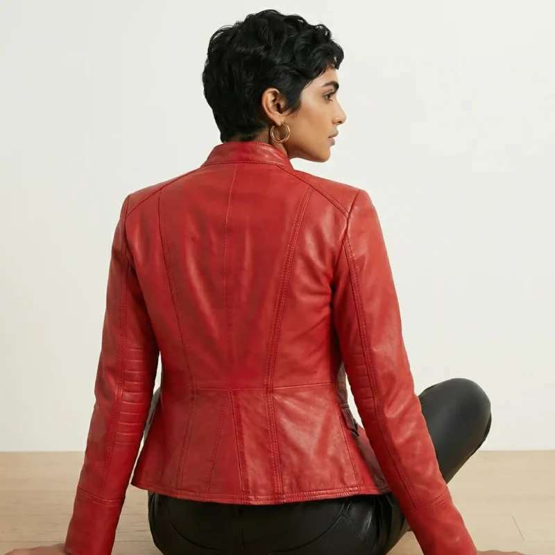 Red leather commander jacket back view showing tailored fit and seam detail