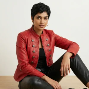 Woman wearing red leather military style commander jacket with decorative buttons front view