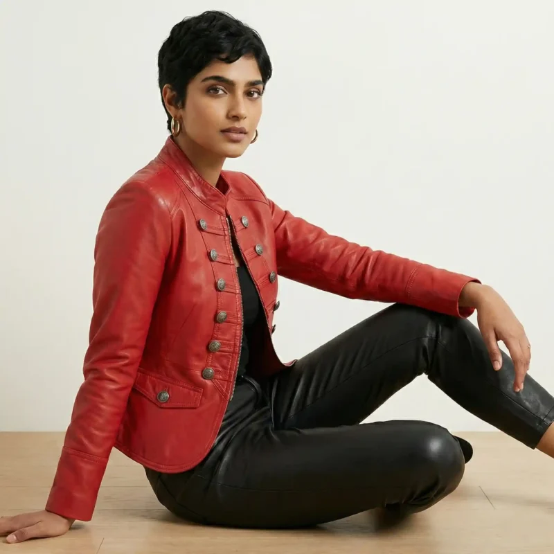 Red leather commander jacket side profile showing length and mandarin collar