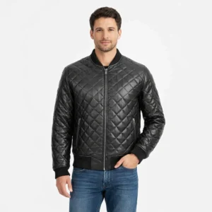 Front view of men's black quilted leather bomber jacket with ribbed collar, diamond pattern quilting throughout body and sleeves, central zipper, diagonal waist zip pockets, ribbed cuffs and hem, and luxurious padded construction