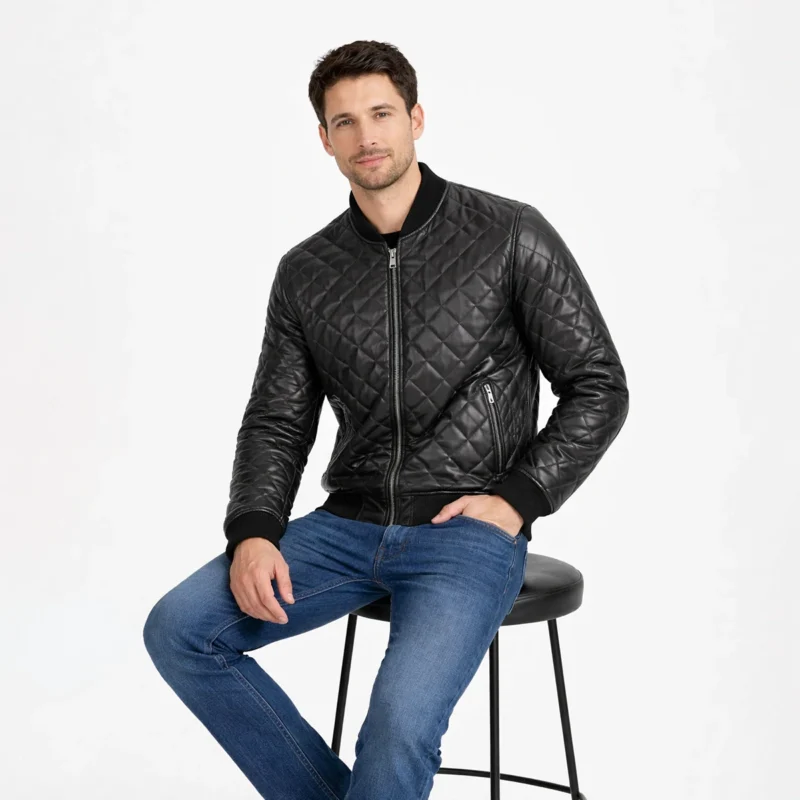 Men's Black Diamond Quilted Leather Bomber Jacket Seated Position - Comfort and Luxury Style Man seated wearing black quilted leather bomber jacket showing comfortable fit, dimensional diamond quilting texture, accessible pockets, ribbed elements flexibility, and luxurious padded construction while sitting