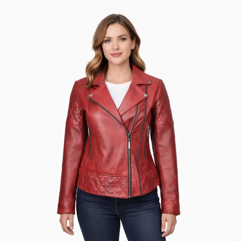 Women's red leather motorcycle jacket with quilted details and asymmetric zipper - front view