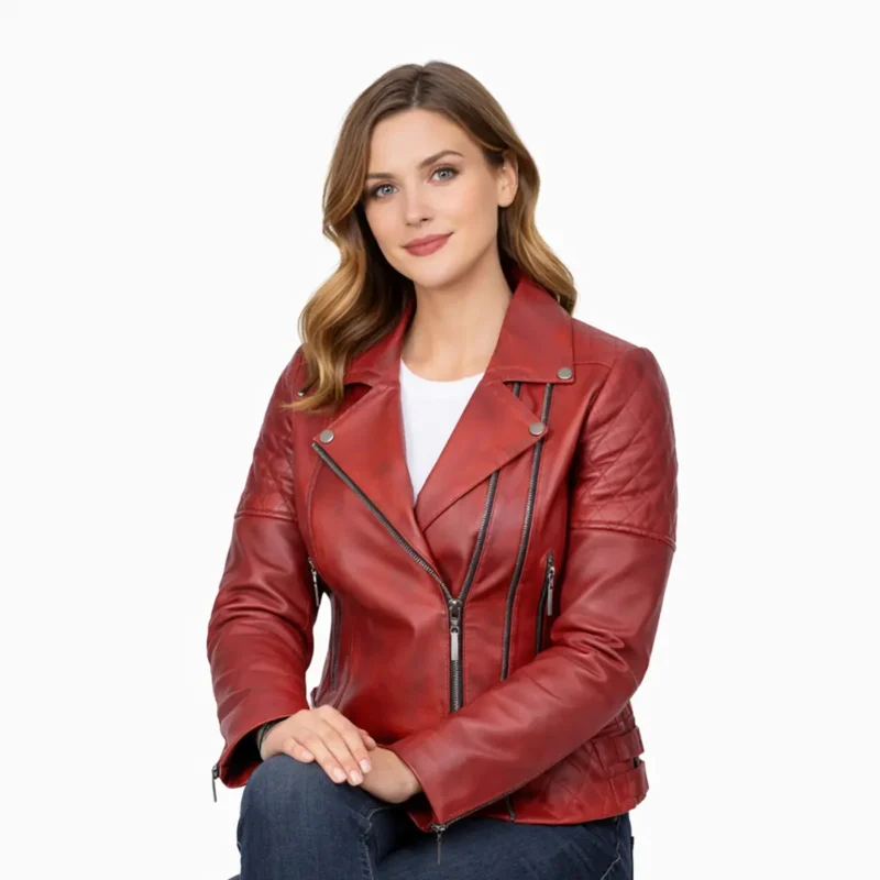 Red Leather Jacket Seated Fit | Women's Moto Jacket Comfort View Woman wearing red quilted leather biker jacket while seated, demonstrating comfortable fit and jacket flexibility