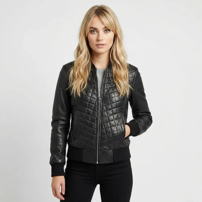 Woman wearing Eclipse black leather bomber jacket with diamond quilted front panel, smooth leather sleeves, ribbed collar, center zip closure, and all-black outfit on white background