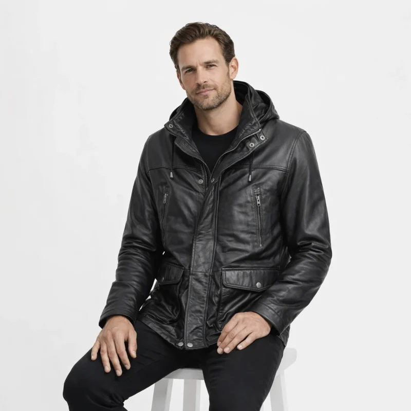 Man seated wearing black leather field jacket with hood showing comfortable fit, accessible pockets, practical everyday wear