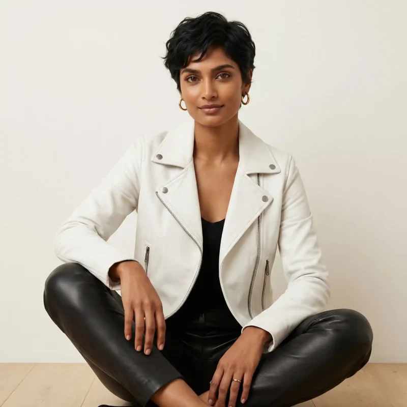 Woman wearing white leather moto jacket with black top and leather pants front view of Elite Lambskin Zip-Front Leather Jacket