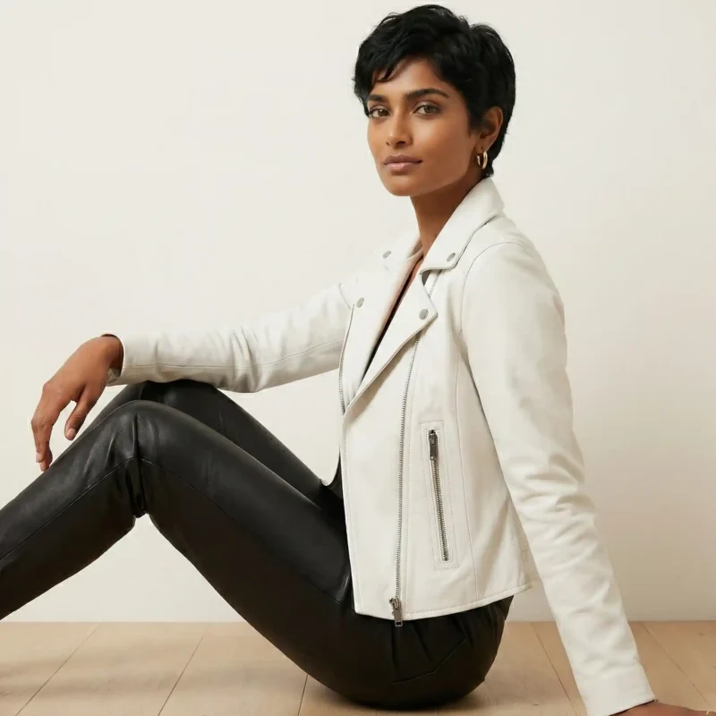 White leather moto jacket side profile view showing structure and length - Elite Lambskin Zip-Front Leather Jacket