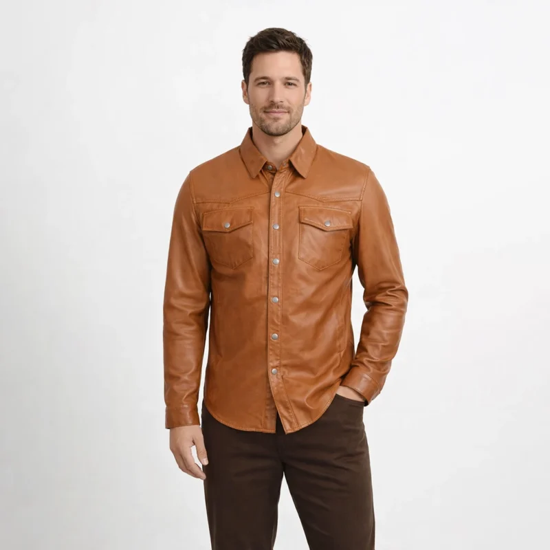 Man wearing tan cognac brown leather shirt jacket with classic collar, silver snap buttons, dual chest flap pockets, and dark brown pants on light gray background